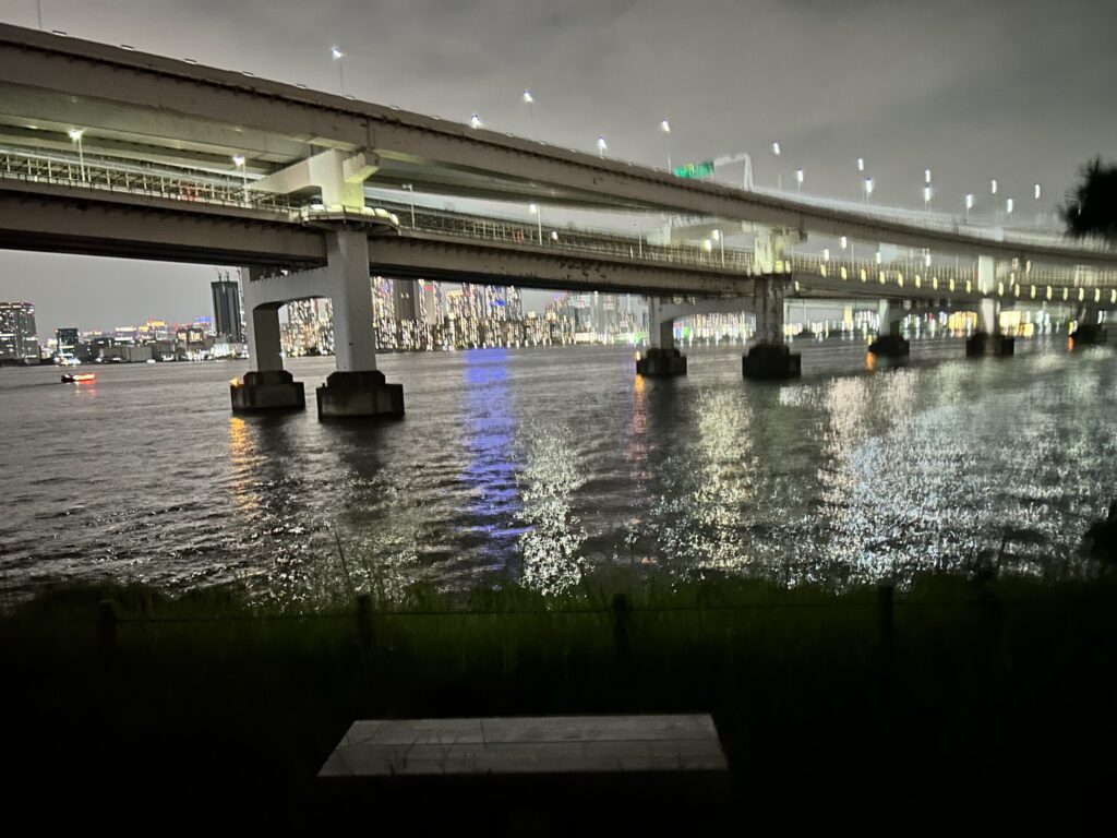 「レインボーブリッジ真下」「水面に映る夜景」「静かな夜のお散歩スポット」